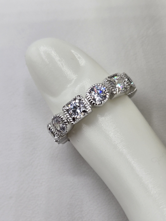 Swarovski Crystal Elements Silver Eternity Band Ring Size 7.75 Geometric Bridal - Picture 4 of 8